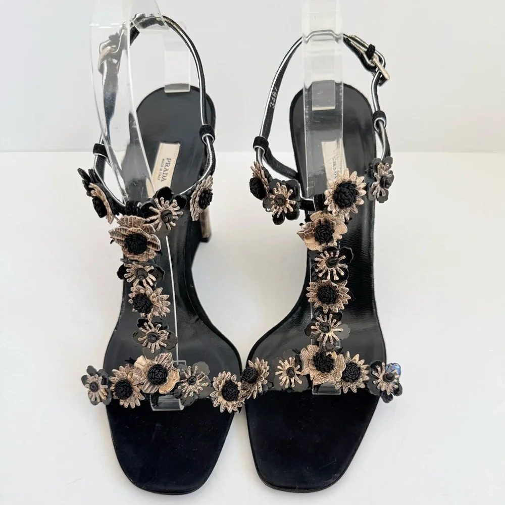 Prada Black Python Snakeskin Suede Floral Appliqué T-Strap Wedge Sandals EU40